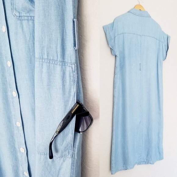 Zara Linen Blend Button Down Blue Chambray Midi Shirt Dress XL Soft Light Denim - Picture 10 of 16
